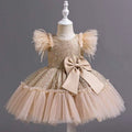 Gold sequined wedding dress tulle skirt with fluffy feathered sleeves and beige satin bow at the waist
