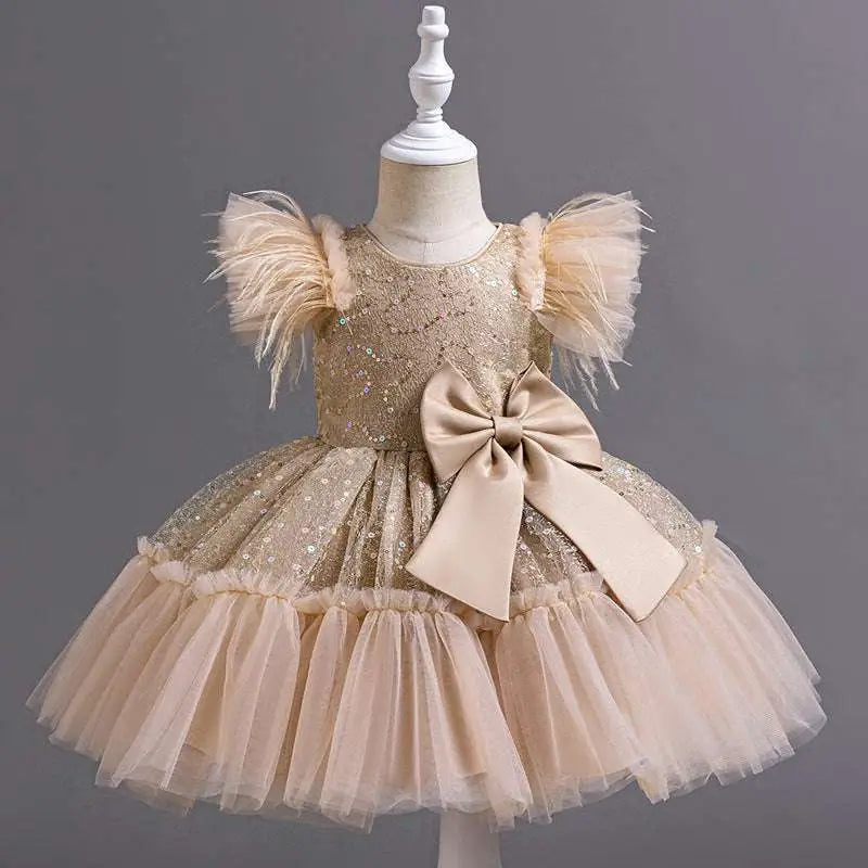 Gold sequined wedding dress tulle skirt with fluffy feathered sleeves and beige satin bow at the waist