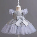 Silver sequined wedding dress tulle skirt with feathered sleeves and large satin bow at the waist for toddlers