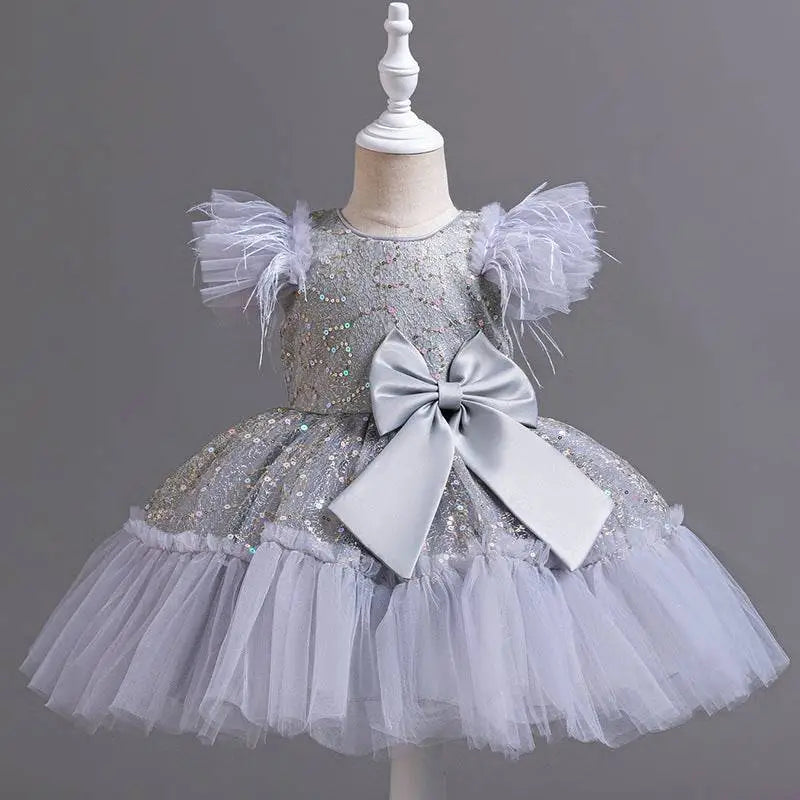 Silver sequined wedding dress tulle skirt with feathered sleeves and large satin bow at the waist for toddlers