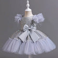 Silver sequined wedding dress tulle skirt with feathered shoulders and satin bow for children summer wear