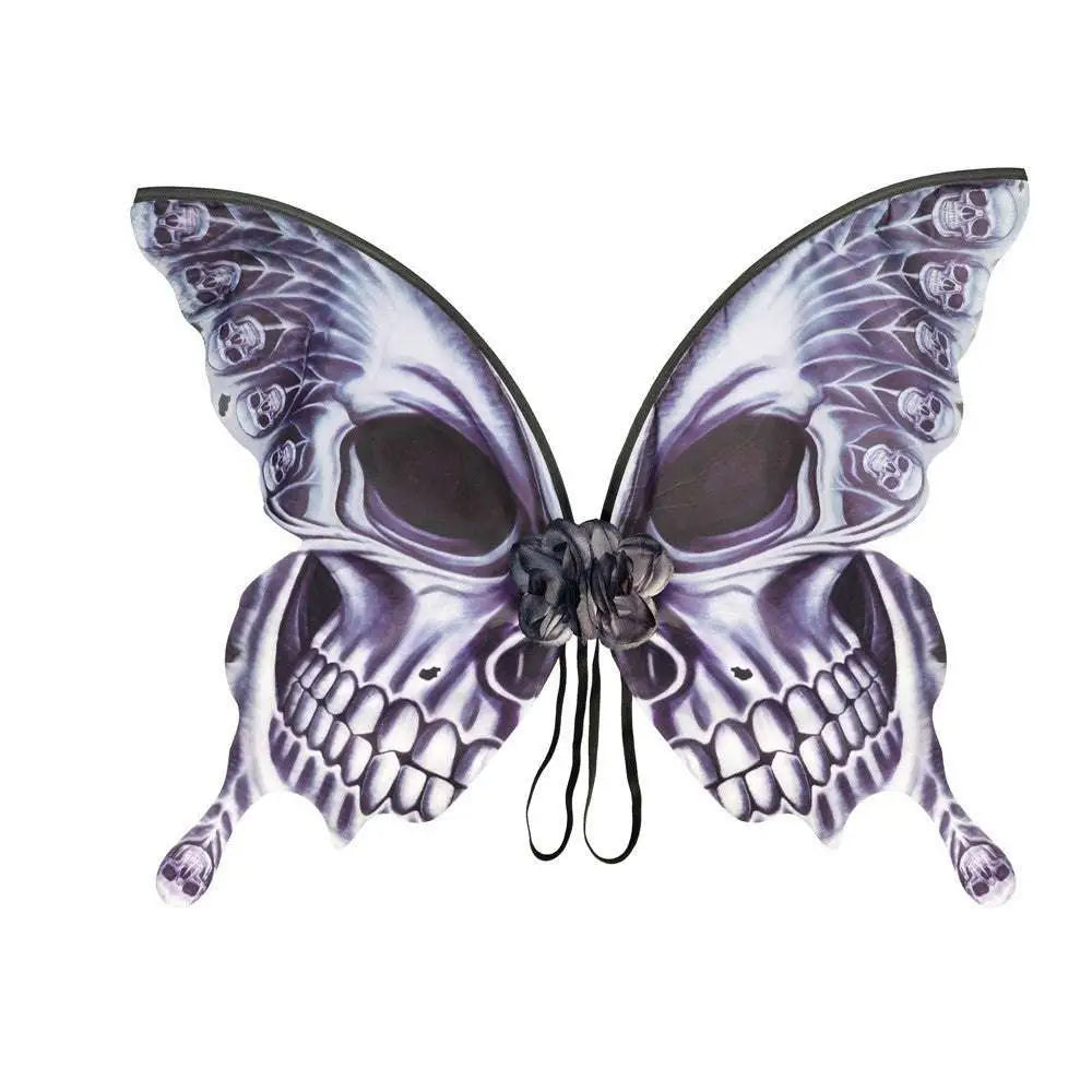 Silver skull halloween butterfly wings with purple and white skull-patterned butterfly wings and black elastic strap