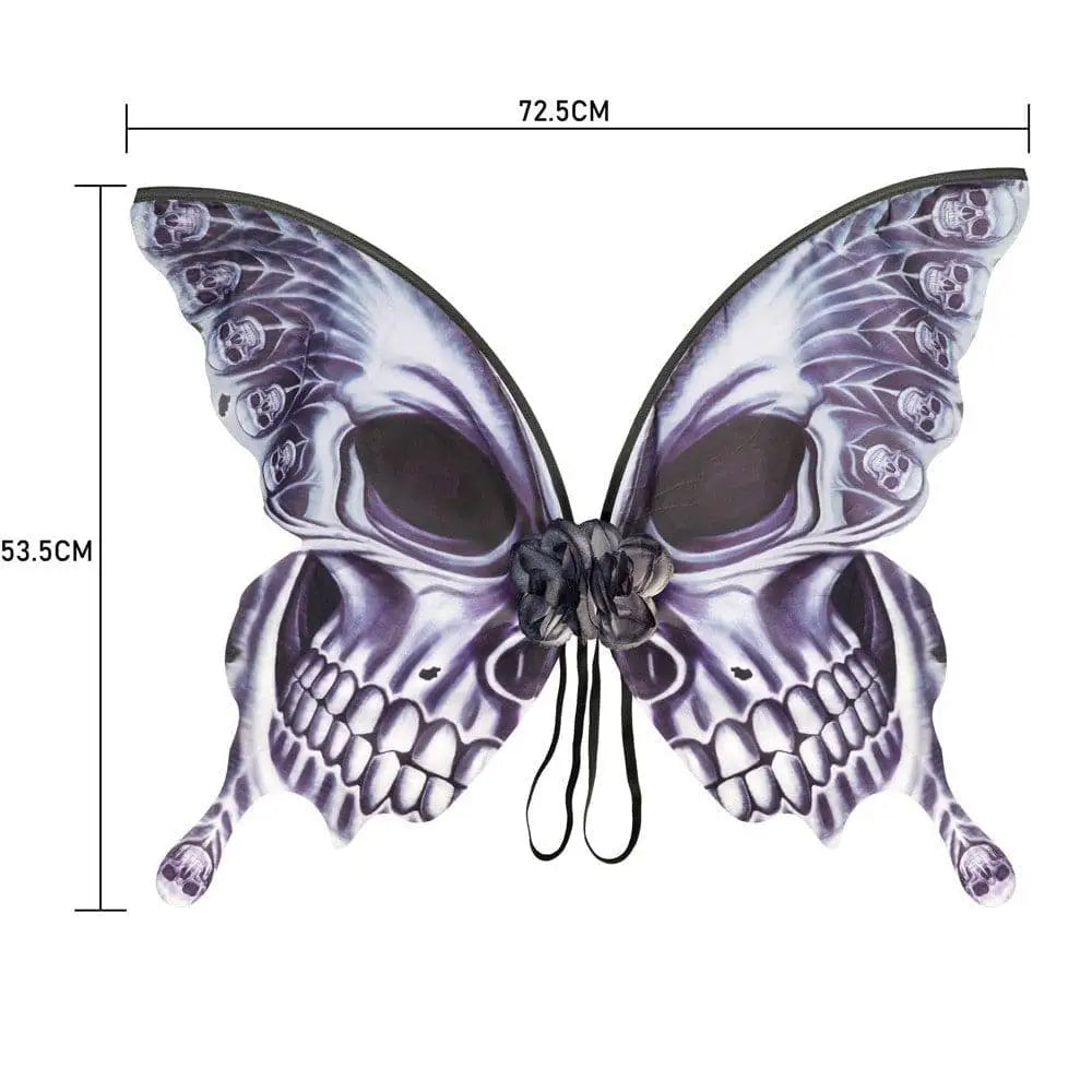 Silver skull halloween butterfly wings with purple and white skull-patterned butterfly design and black elastic strap