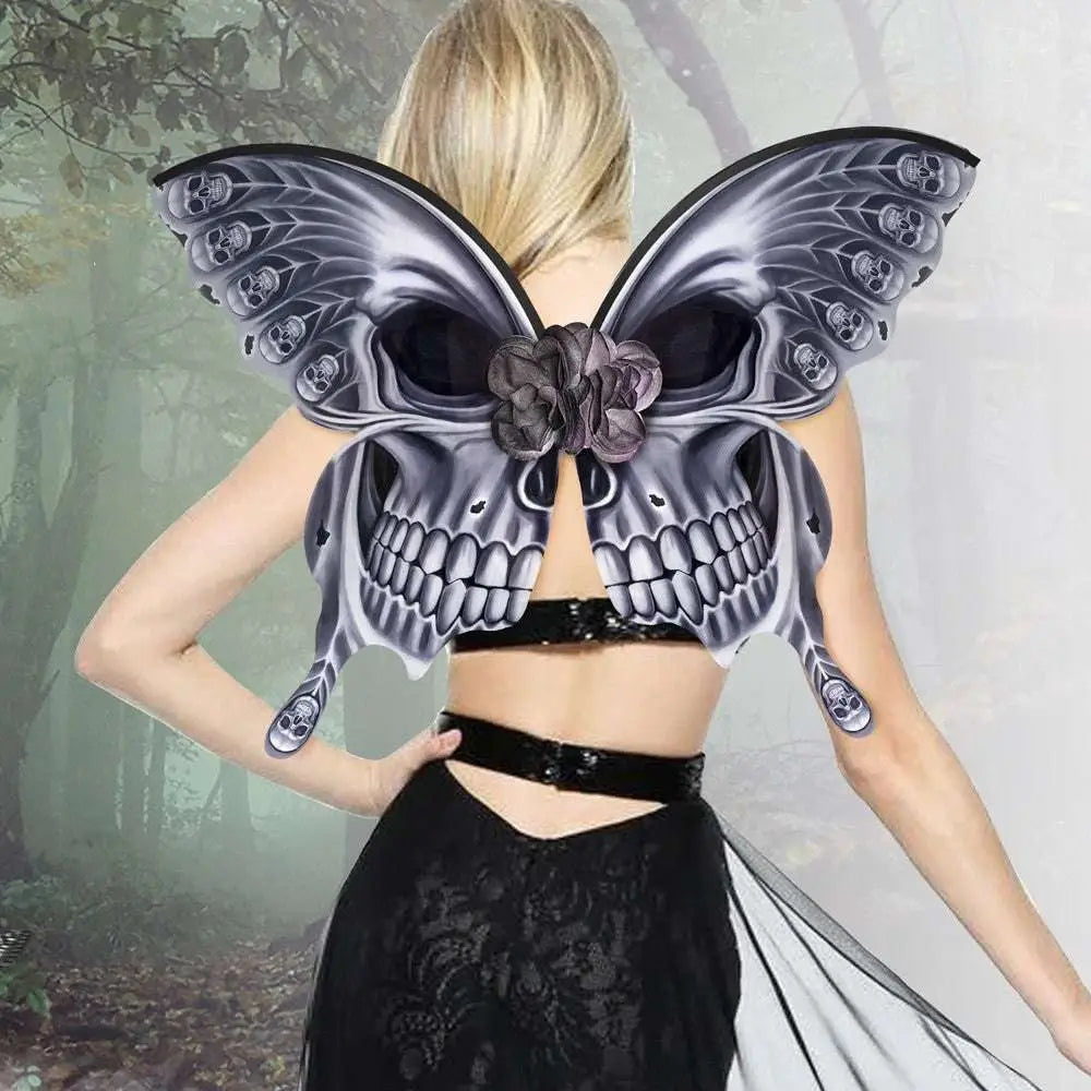 Silver skull halloween butterfly wings featuring silver and black butterfly wings with white skull patterns and dark floral centerpiece