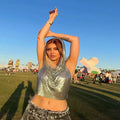 Shiny silver slit metal sequins crop top with draped hood part of metal sequins two-piece set with mesh headscarf