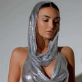 Silver slit metal sequins two-piece set featuring a shimmering silver chainmail hooded top with a halter neckline and mesh headscarf