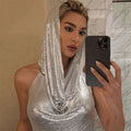 Silver slit metal sequins halter-neck dress with draped hooded design and mesh headscarf two-piece set