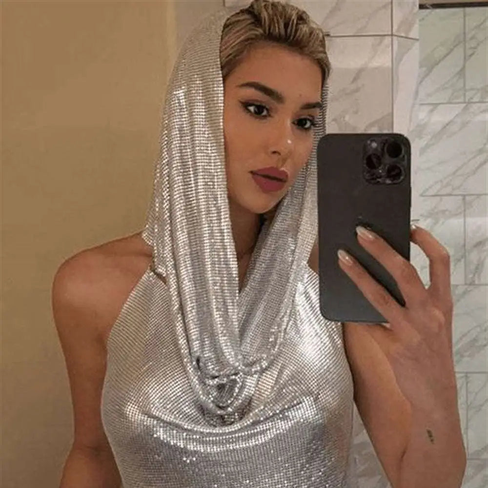 Silver slit metal sequins halter-neck dress with draped hooded design and mesh headscarf two-piece set