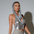 Shiny silver slit metal sequins mesh top with draped hooded design as part of metal sequins two-piece set with mesh headscarf
