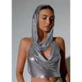 Silver mesh hooded crop top with cowl neckline featuring reflective slit metal sequins and chain-like texture