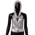 Silver mesh top with hood and cowl neckline as part of metal sequins two-piece with slit metal sequins detail and mesh headscarf