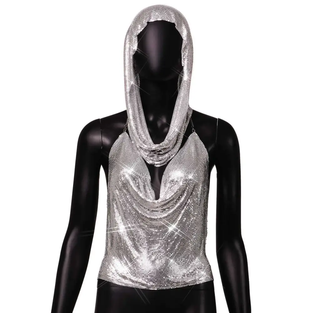 Silver mesh top with hood and cowl neckline as part of metal sequins two-piece with slit metal sequins detail and mesh headscarf