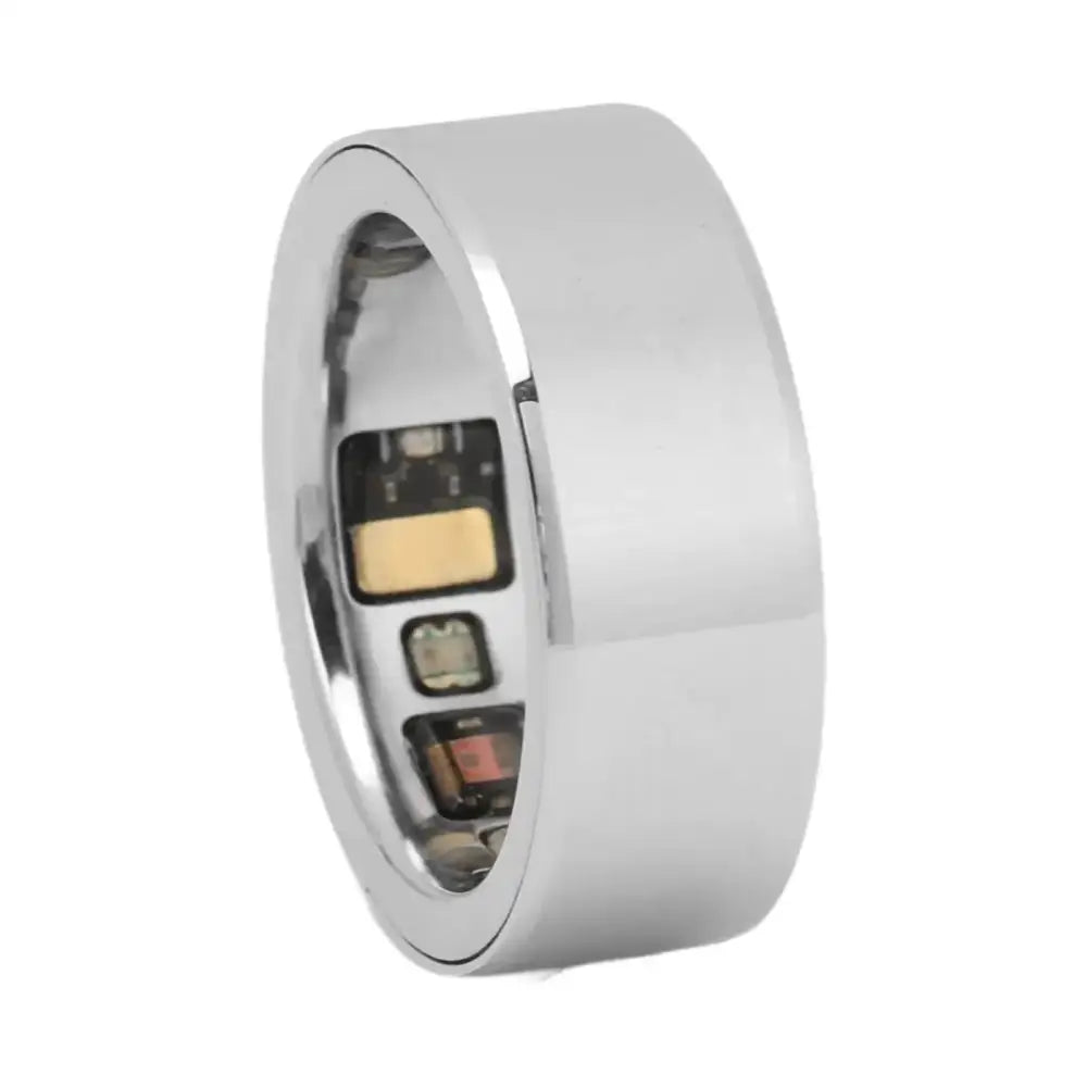 A sleek silver smart health ring for men and women with polished metal band and visible internal circuitry