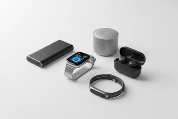 Silver smartwatch with a sleek metallic band and circular display showing blue digital interface