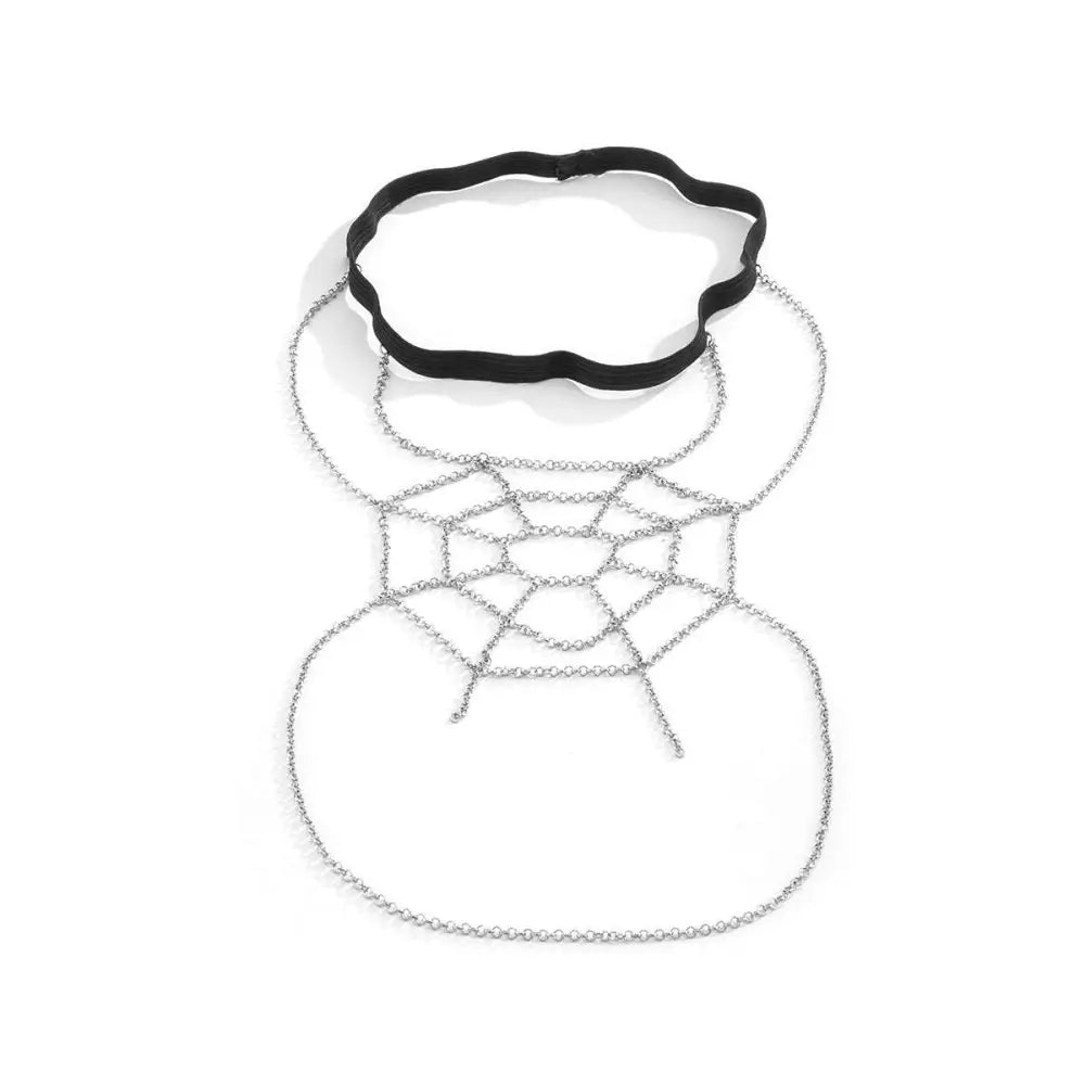 Silver spiderweb geometric thigh garter body chain with black elastic headband in silver metal material