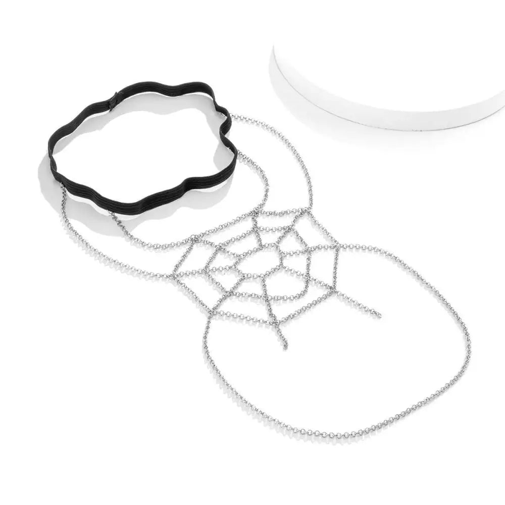 Silver spiderweb geometric body chain thigh garter with black elastic headband in silver chain material