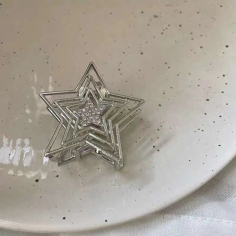 Silver star y2g star hairpin with layered design and clear rhinestones for hot girl y2g style