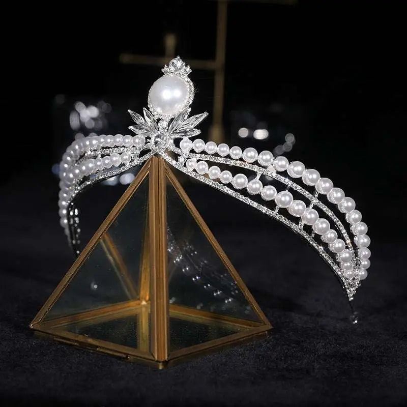 Elegant silver bridal crown baroque pearl tiara with cascading white pearls and rhinestones in floral design
