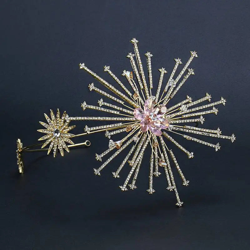 Gold-toned starburst bridal rhinestone brooch with clear crystals and central pink gemstone flower for bridal rhinestone headband