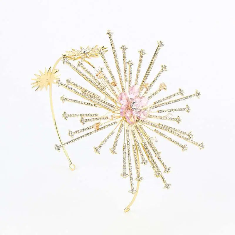 Silver starburst bridal rhinestone headband with delicate gold-toned dandelion design and central pink gemstone flower