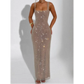 A shimmering champagne strap sequins net drill suspenders gown with thin straps and a square neckline