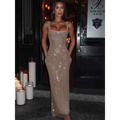 A shimmering gold strap sequins net drill suspenders gown with thin straps and a square neckline floor length