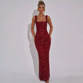A shimmering burgundy drill suspenders gown with strap sequins net fabric and a square neckline bodycon design