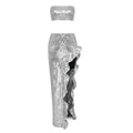Silver strapless sequin skirt set featuring a shimmering silver sequined top and high-rise ruffled skirt