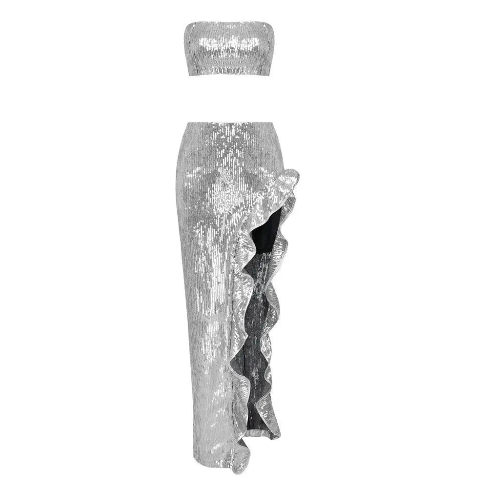 Silver strapless sequin skirt set featuring a shimmering silver sequined top and high-rise ruffled skirt