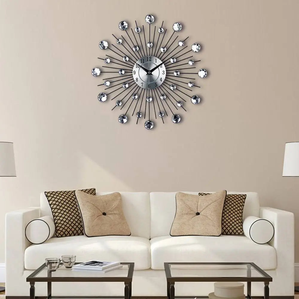 Silver sunburst mute wall clock with black metal rays and sparkling crystal accents for living room decor