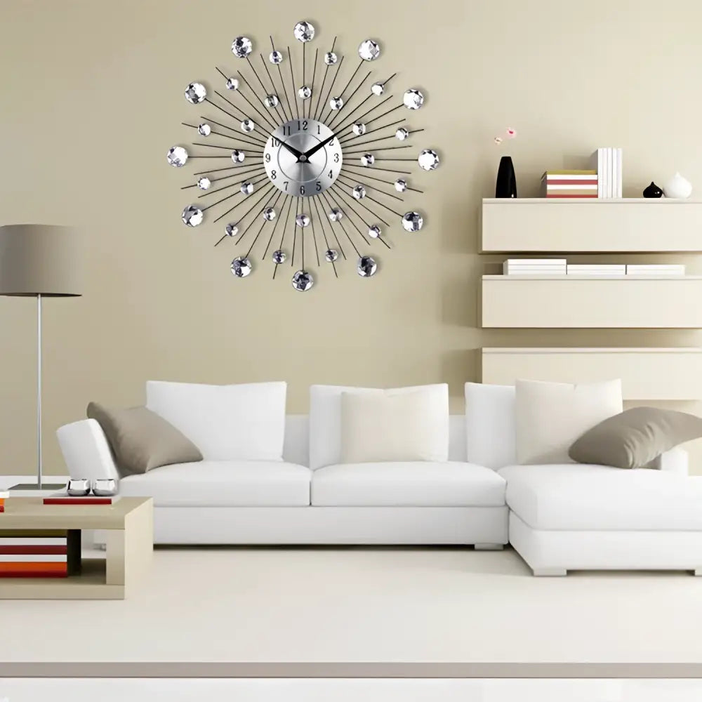 Silver sunburst mute wall clock with sparkling crystal accents and black metal rays for living room decor