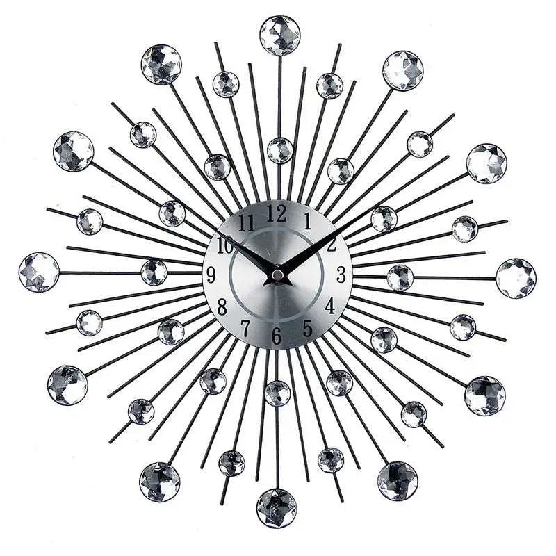 Silver sunburst mute wall clock with black metal rays and sparkling crystal accents for living room decor