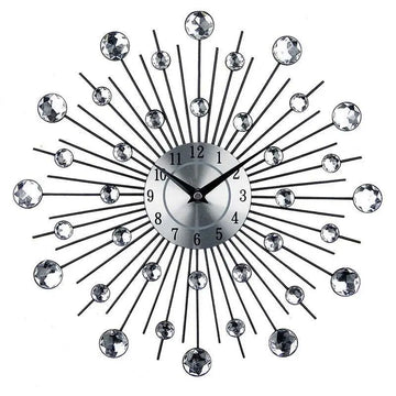 Silver sunburst mute wall clock with black metal rays and sparkling crystal accents for living room decor