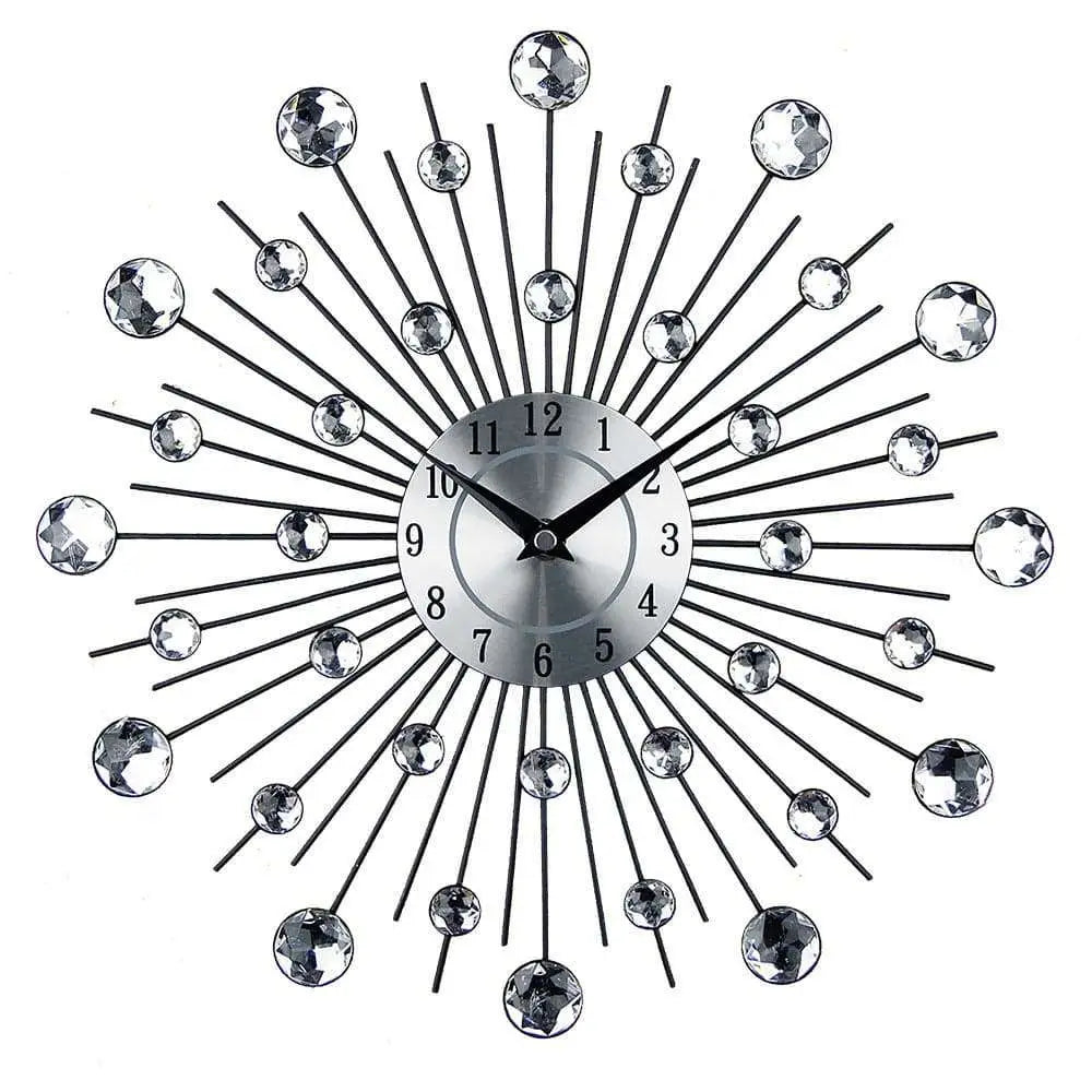 Silver sunburst mute wall clock with black metal rays and sparkling crystal accents for living room decor