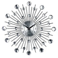 Silver sunburst mute wall clock with black metal rays and sparkling crystal accents for living room decor