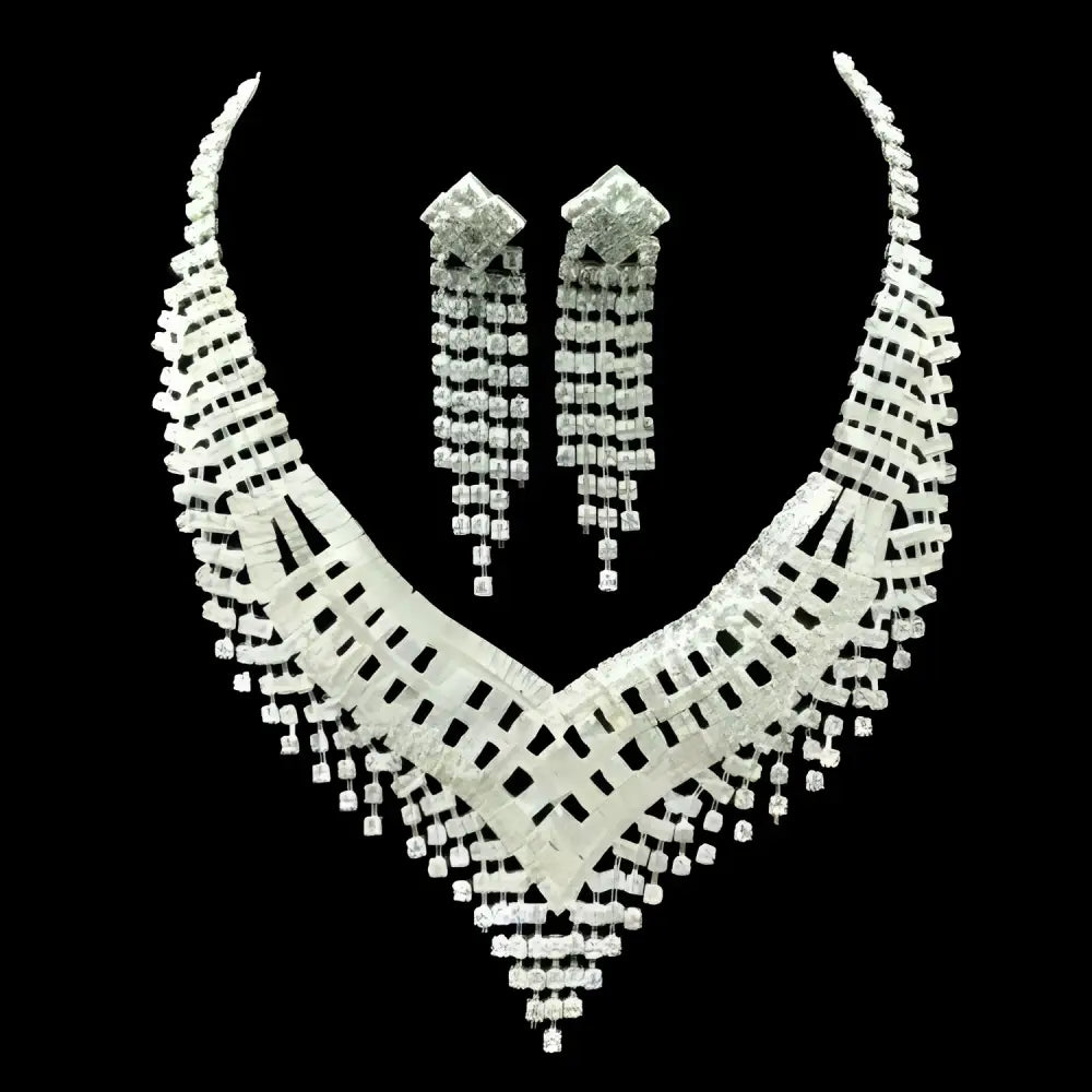 Silver tiara necklace with american rhinestone claw chain featuring intricate lace detailing and matching drop earrings