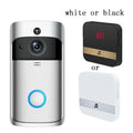 Silver and black video doorbell smart wireless wifi security camera with a circular blue-lit button for home use