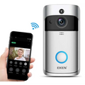 Silver video doorbell smart wireless wifi security camera with a circular blue-lit button and black lens