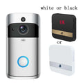 Silver and black video doorbell smart wireless wifi security camera with circular blue-lit button below the lens