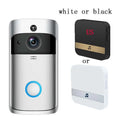 Silver and black video doorbell smart wireless wifi security camera with circular blue-lit button, lens, and speaker grille