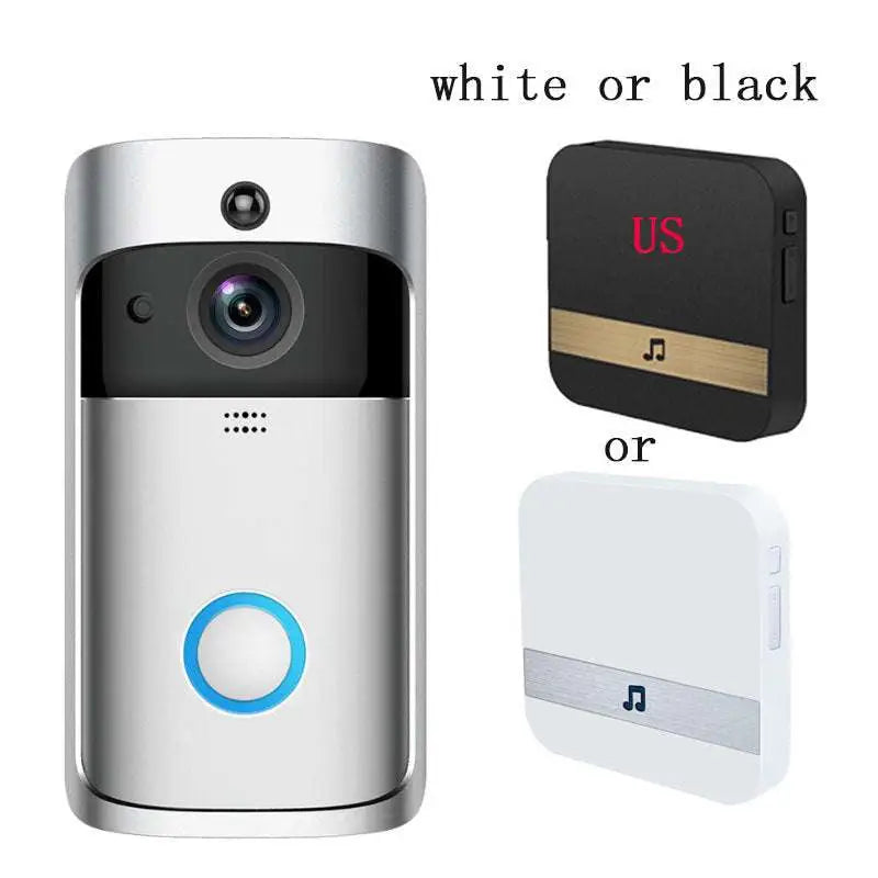 Silver and black video doorbell smart wireless wifi security camera with circular blue-lit button, lens, and speaker grille