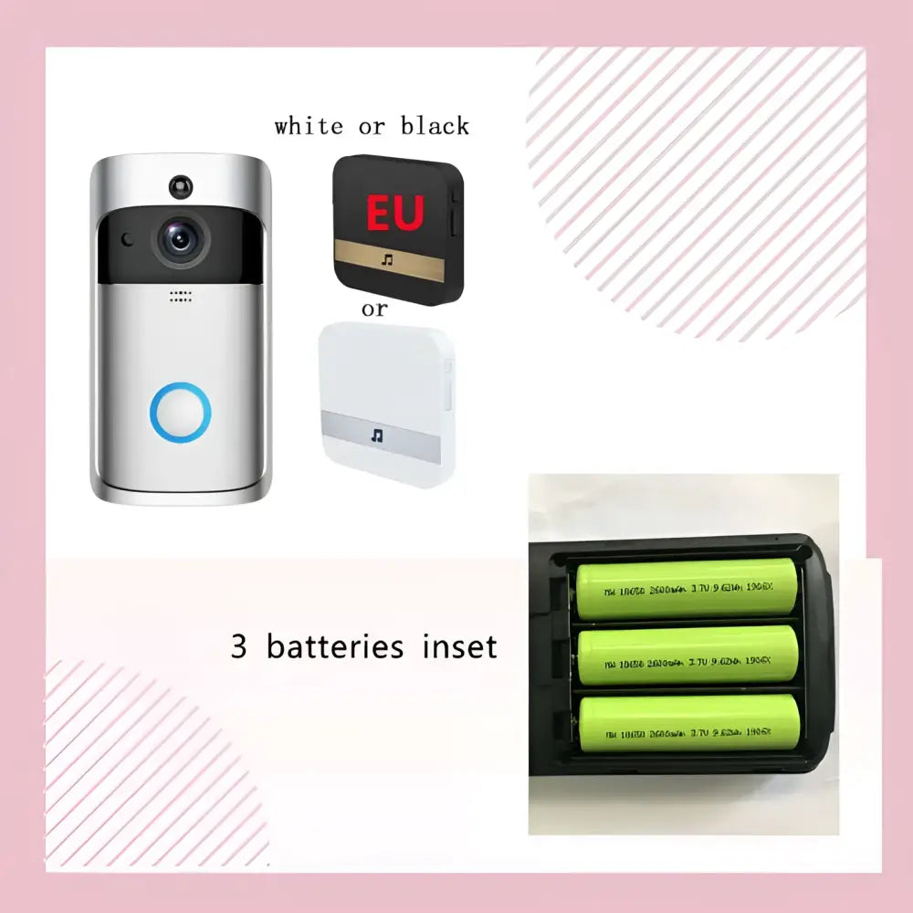 Silver video doorbell smart wireless wifi security camera with circular blue button, camera lens, and speaker grille