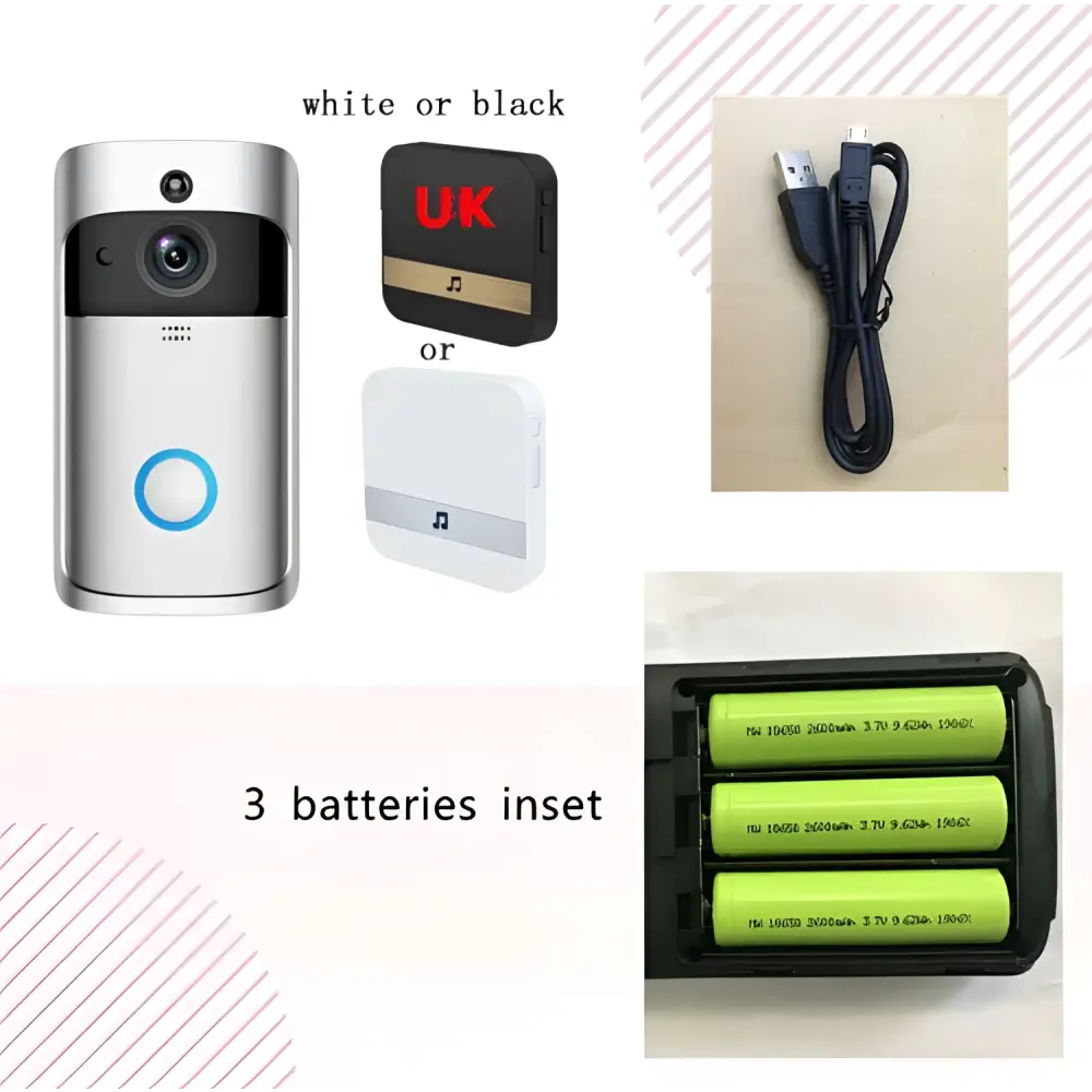 Silver and black video doorbell smart wireless wifi security camera with circular blue button camera lens and speaker grille