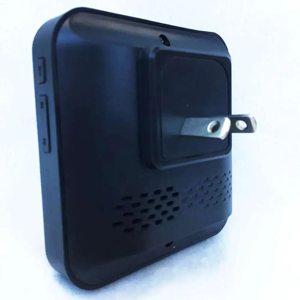 Black plastic wireless wifi security doorbell smart with built-in power plug and speaker grille wall-mounted view