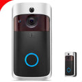 Silver and black video doorbell smart wireless wifi security camera with a circular blue light ring on the front