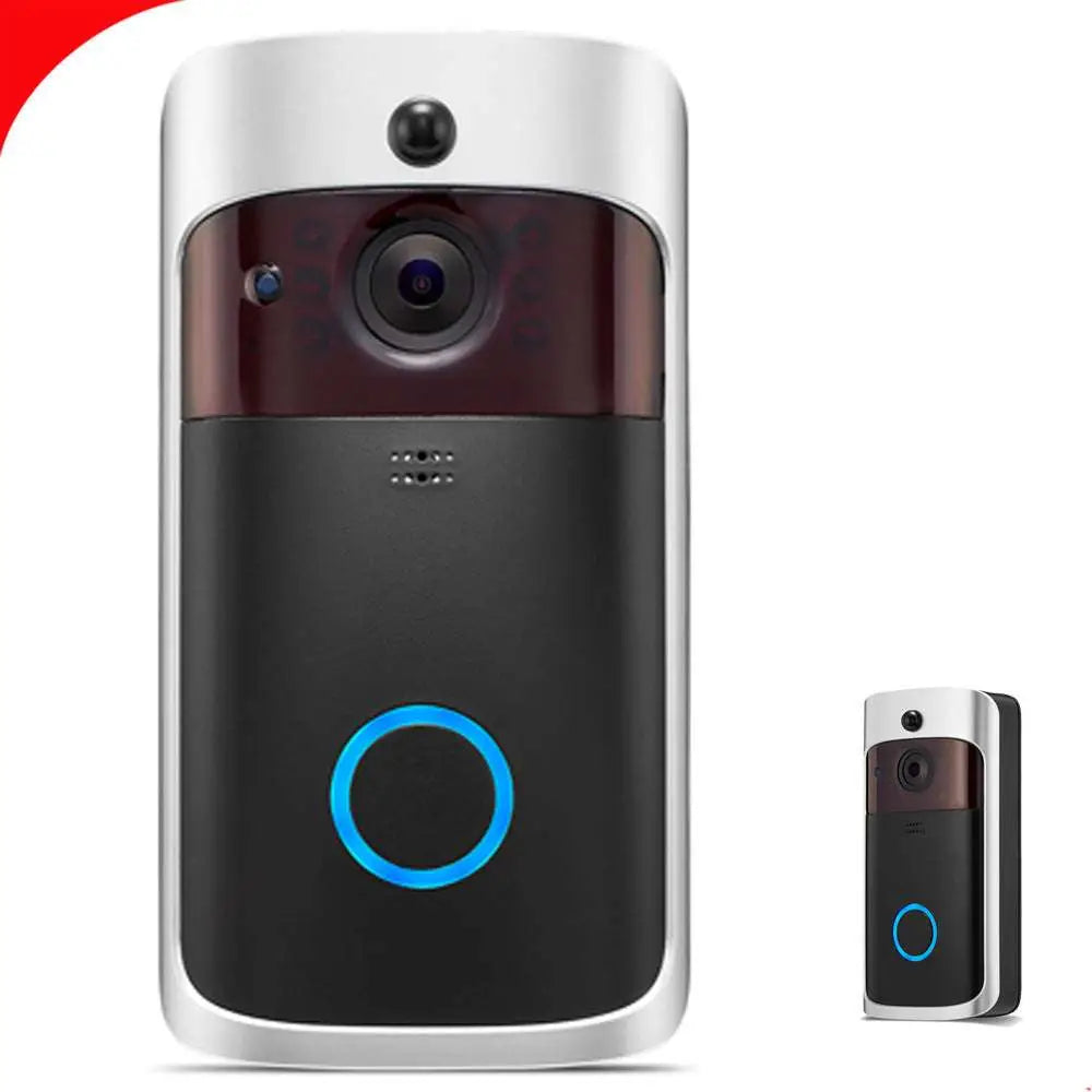 Silver and black video doorbell smart wireless wifi security camera with a circular blue light ring on the front