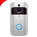 Silver video doorbell smart wireless wifi security camera with circular blue-lit button and camera lens