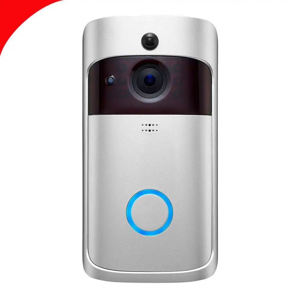 Silver video doorbell smart wireless wifi security camera with circular blue-lit button and camera lens