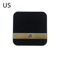 Black rectangular silver video doorbell smart wireless device with gold stripe and blue musical note symbol for security