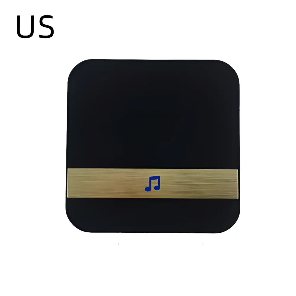 Black rectangular silver video doorbell smart wireless device with gold stripe and blue musical note symbol for security